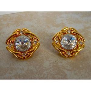 Vintage Gold Rivoli Rhinestone Clip On Earrings